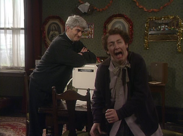 Still from 90s sitcom Father Ted. Mrs. Doyle displays a look of sheer anguish upon being presented a Teamaster.